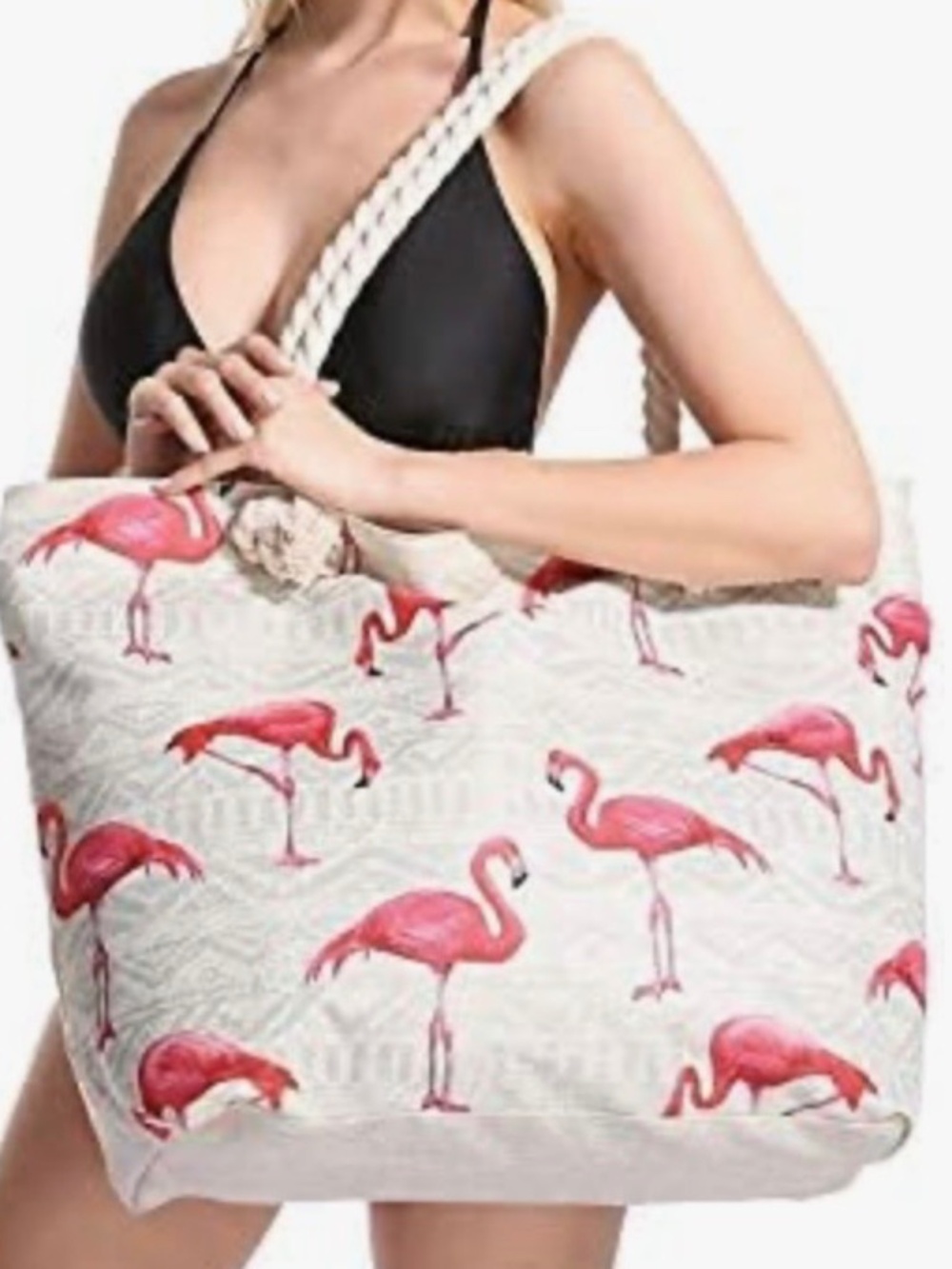 Pink Flamingos Large Beach Tote Bag Zip Closure Greige Rope Strap Handles Pocket